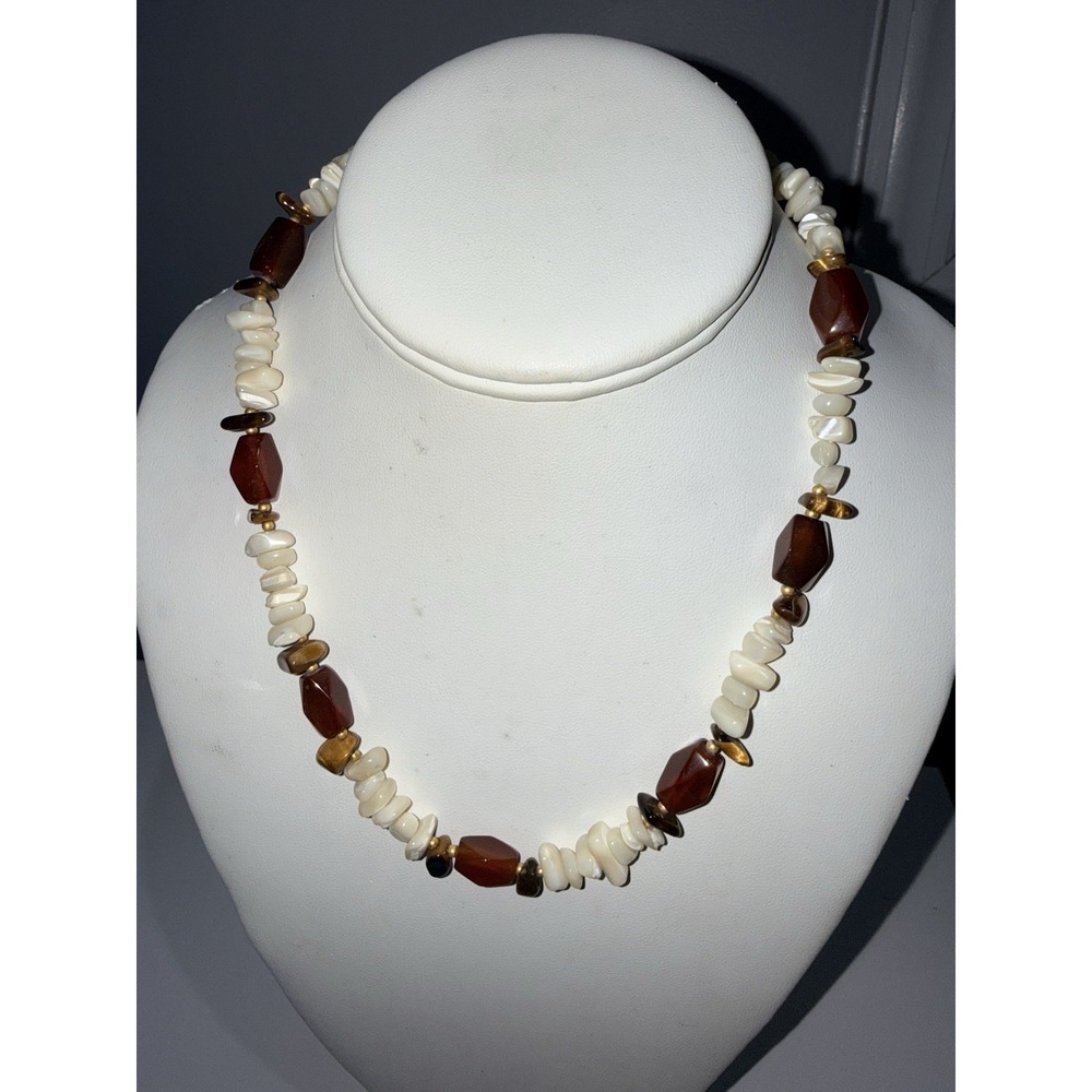 Vintage Lucoral Amber‎ & Pearl Bead Necklace Beachy 18"